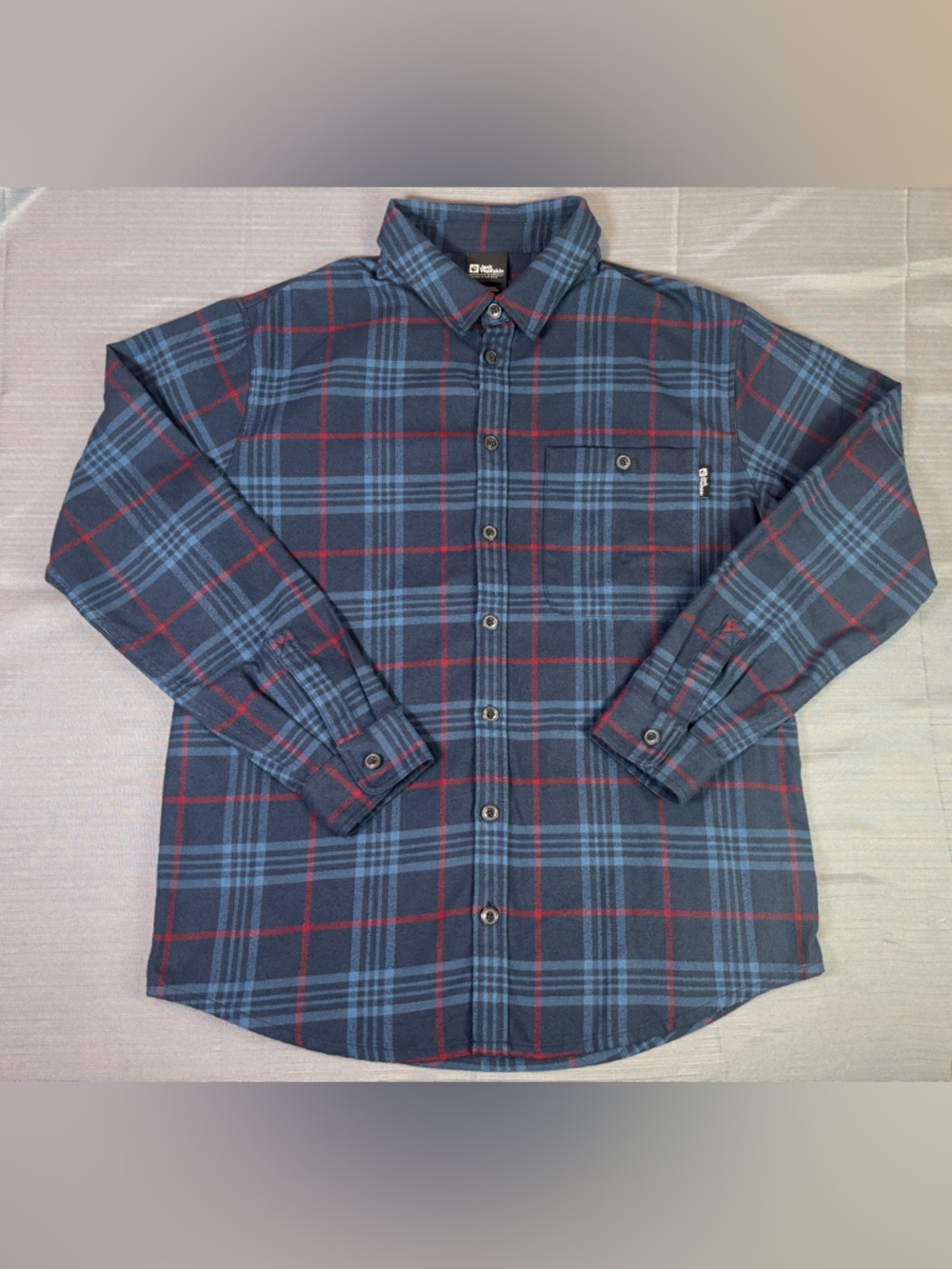 Jack Wolfskin Plaid Button Up Shirt Mens XL Blue Red Flannel Hiking Outdoor